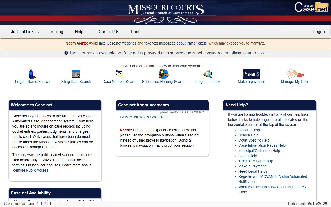 Missouri Case.net court case search entry point