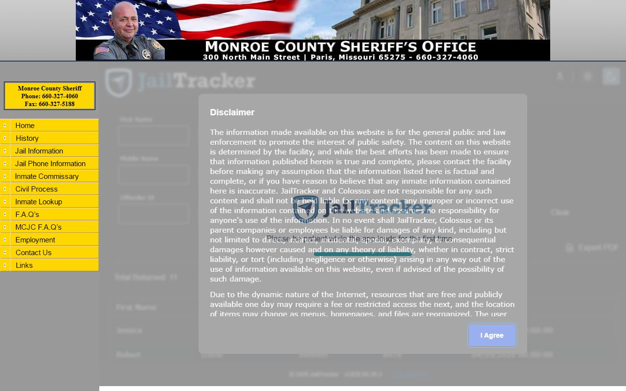 Monroe County sheriff inmate lookup frame for the jail roster