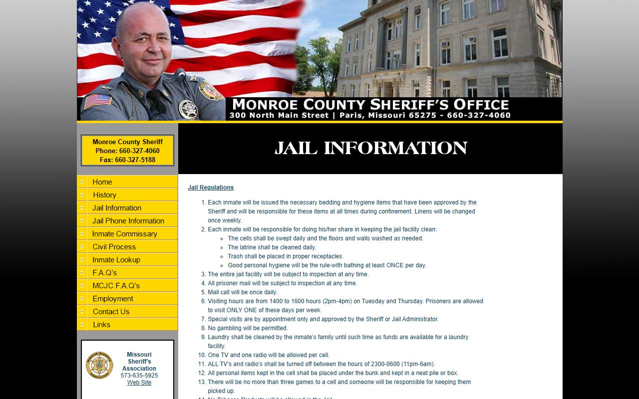 Monroe County Jail information page with visitation rules and jail regulations
