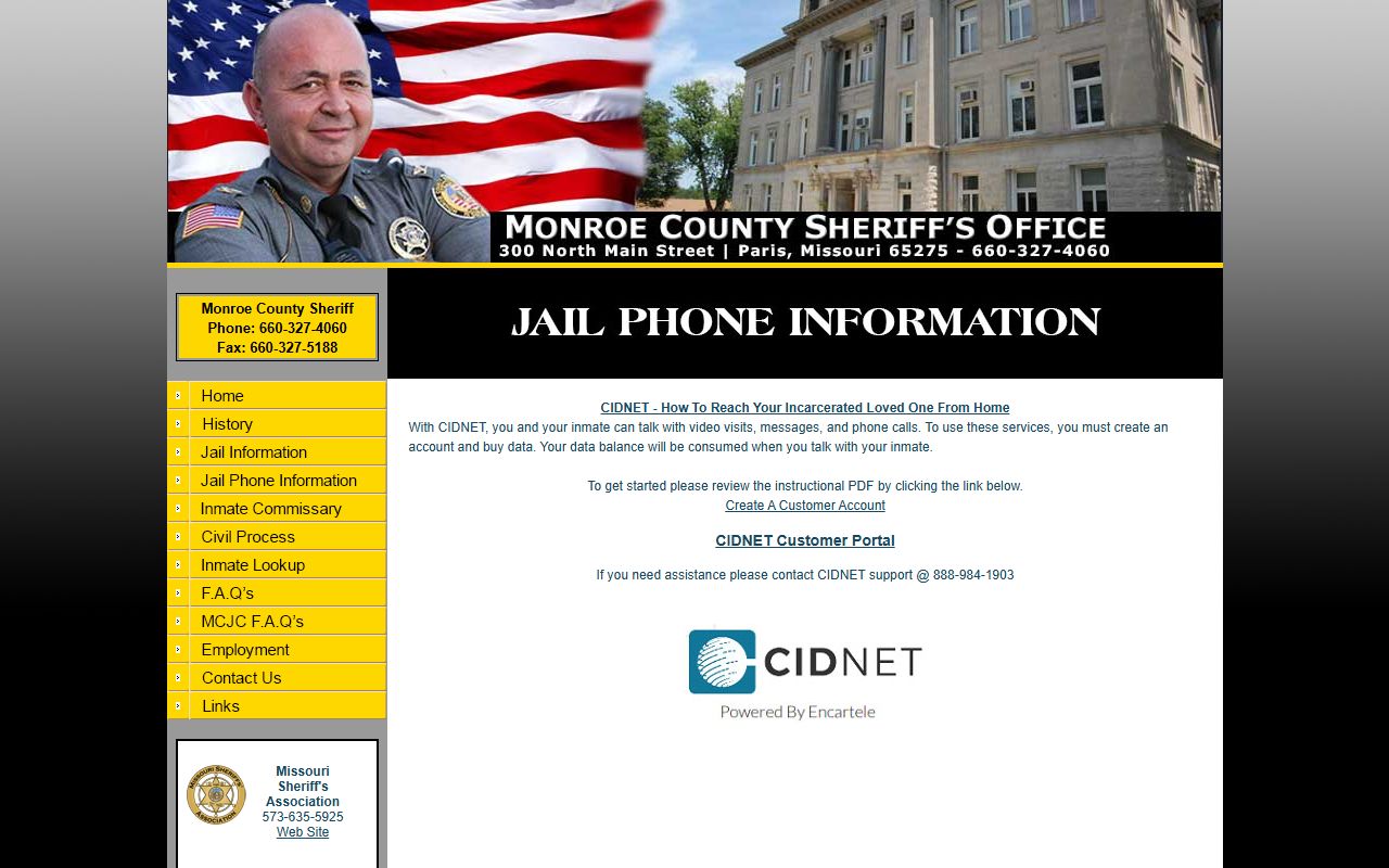 Monroe County Jail CIDNET phone video and message information page